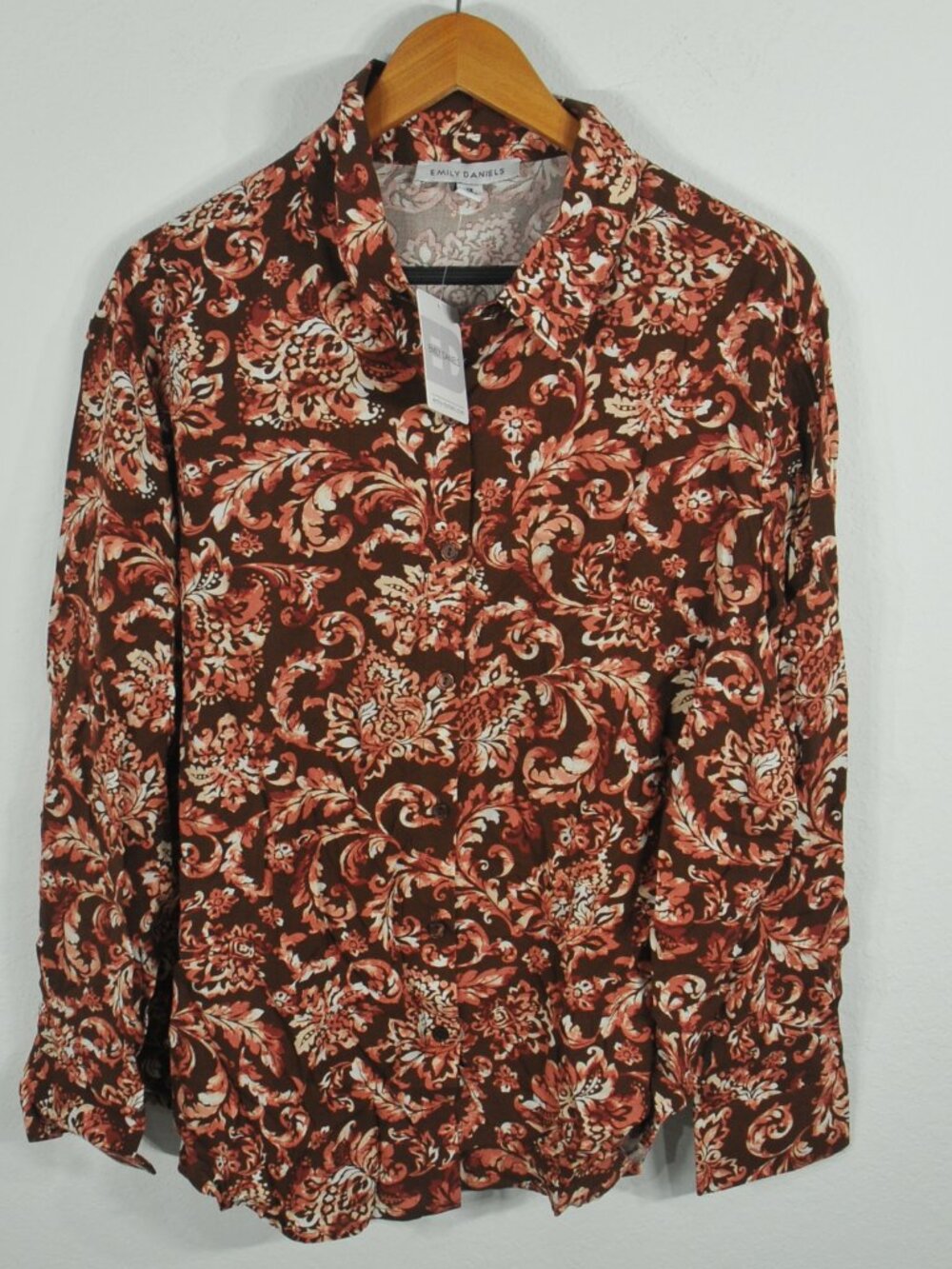 emily daniels button down women's curve hem brown jacobean NWT
